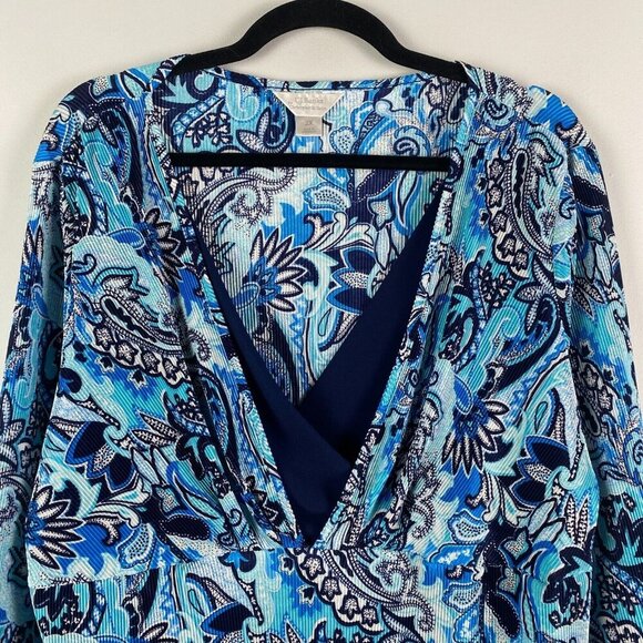 CJ Banks Blue Floral Pleated Blouse Size 2X V Neck 3/4 Sleeves Layered Look - Picture 2 of 10